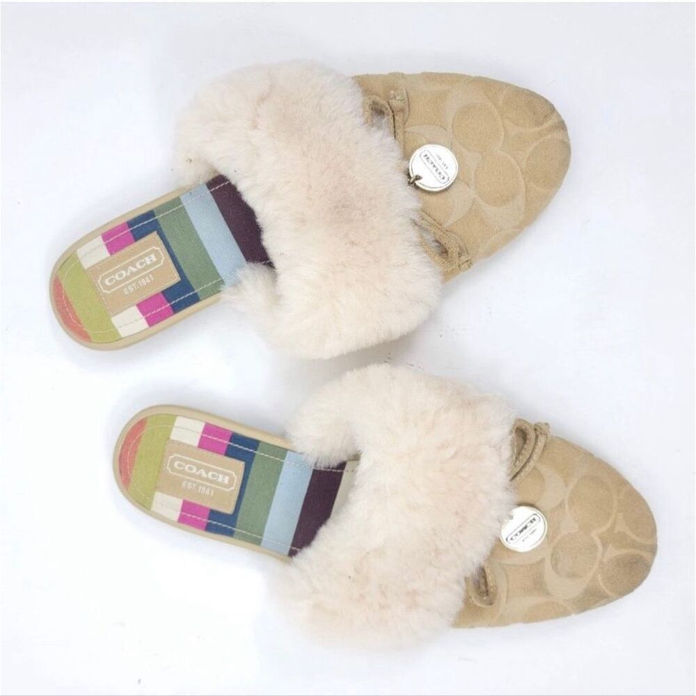 Coach Carra Sand Suede Signature C Embossed Sheep Fur Slippers Slides A0024 Size - Picture 9 of 9